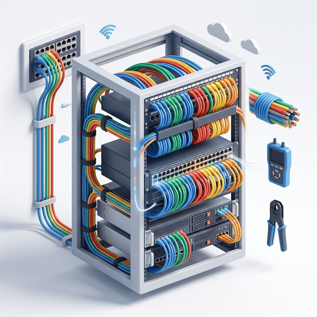 Structured Cabling Installation by Layerix Networks – Cat6, fiber optic, and network infrastructure